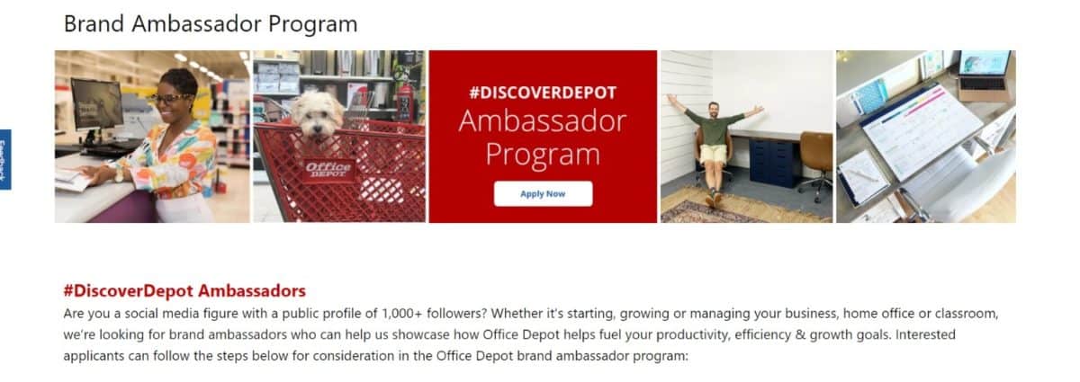 Office depot ambassador program header. image screen shot from Office depot website.