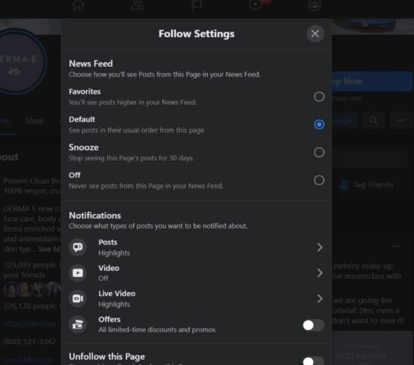DERMA E Facebook follow settings list