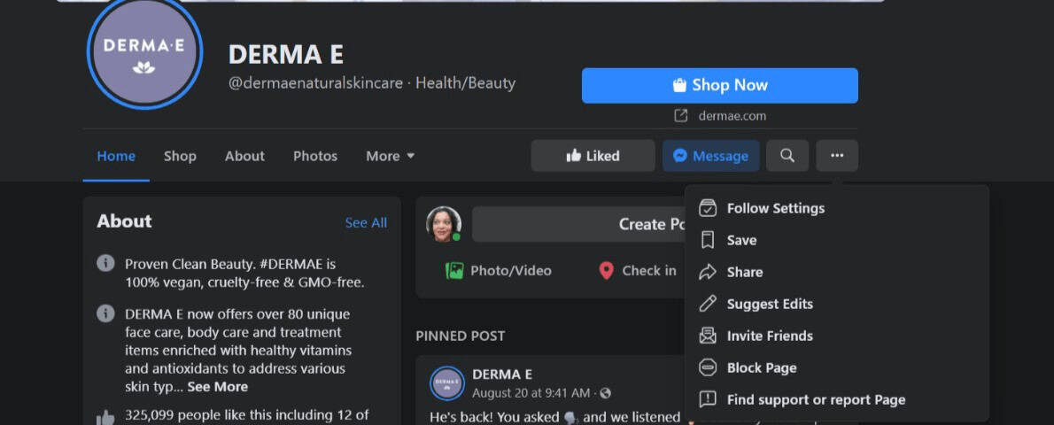 Derma-E Facebook page. three dot list displayed.