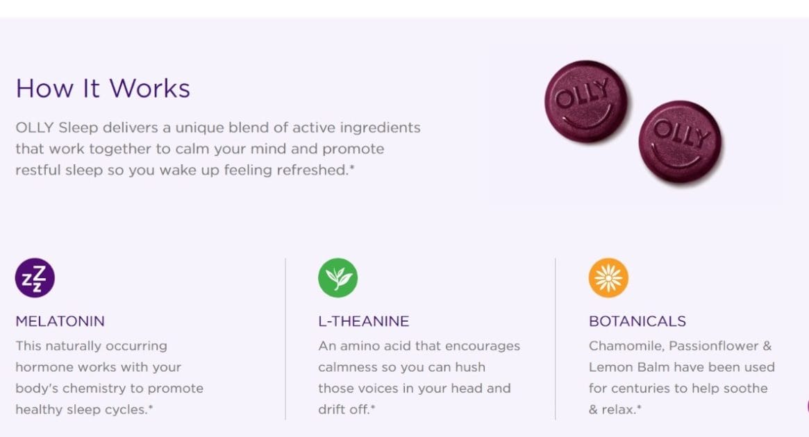 Olly sleep gummies info. Product ingredients with image of the gummies. Screenshot from Olly.com product page