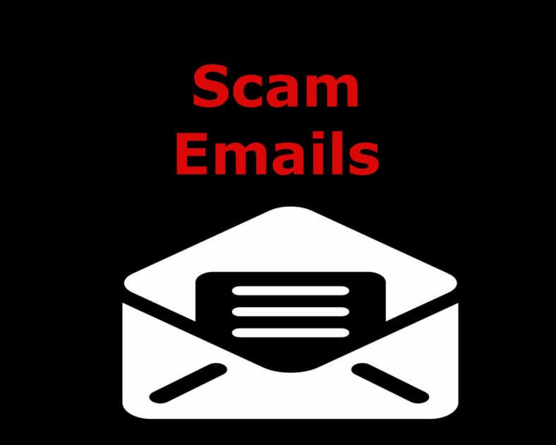 Scam emails bnaner. black background. Red Scam Emails text with a white open envelope underneath.