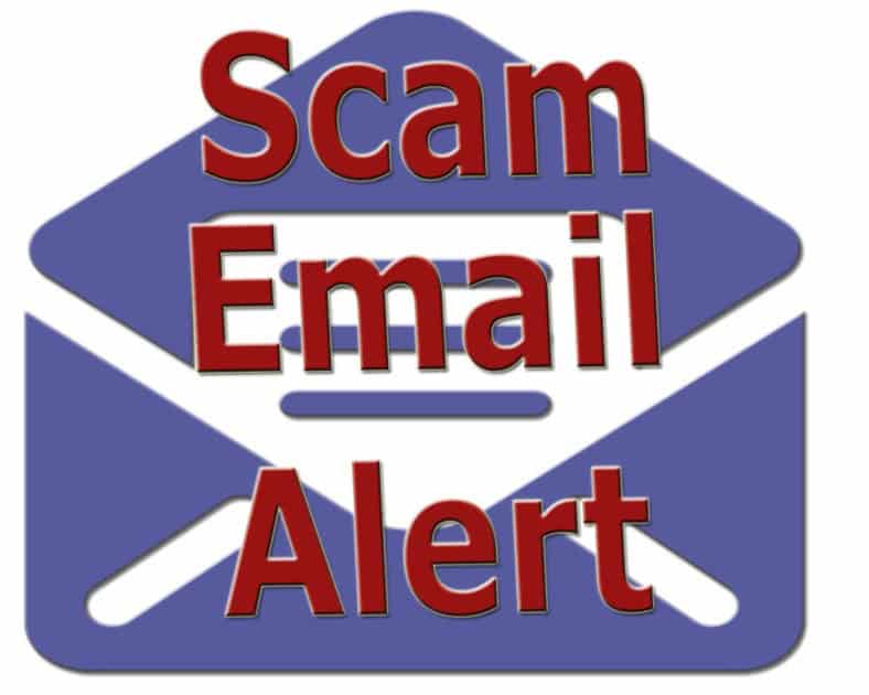 Scam email alert banner. Red Scam Email Alert text overlaid on a blue envelop icon.