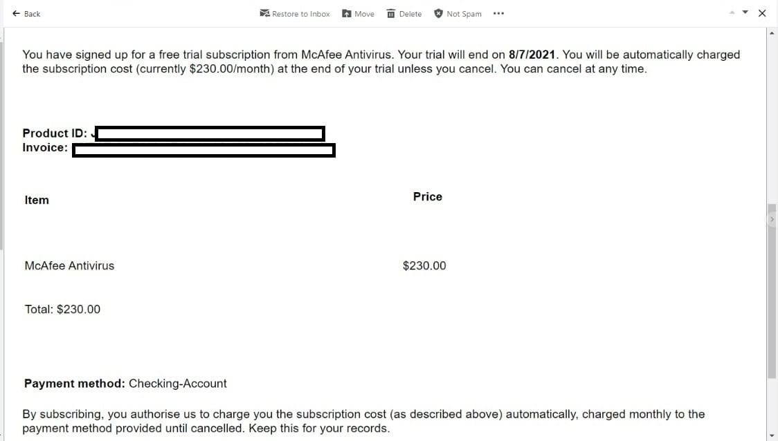 McAfee scam email part two. The email states I would be charged $230.