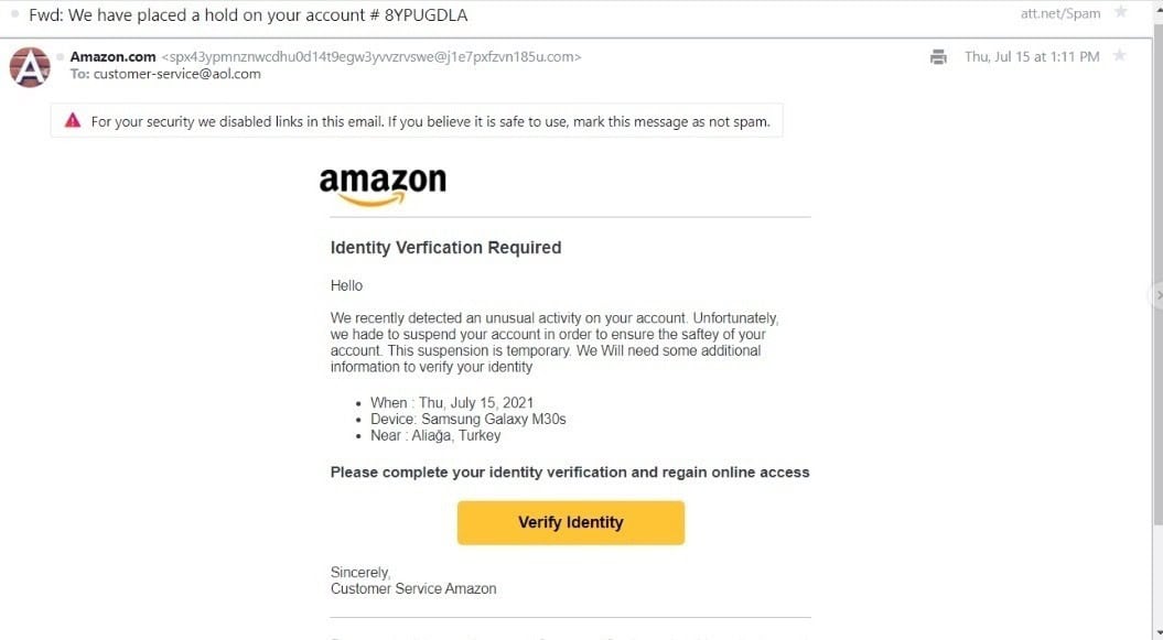 Amazon scam email. The email is a phishing scam. It's requesting I verify my ID.