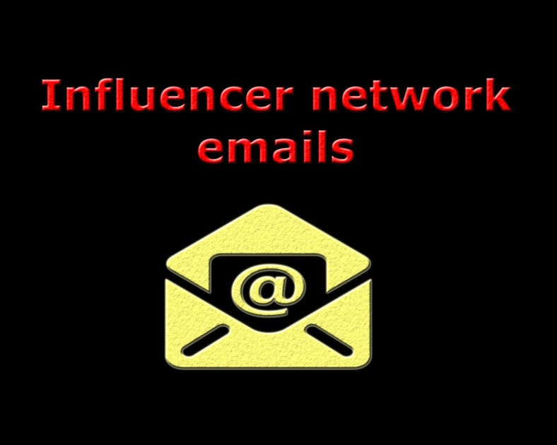 Influencer network email banner image. red influencer network emails text above a yellow envelope with a @ symbol on a black background.