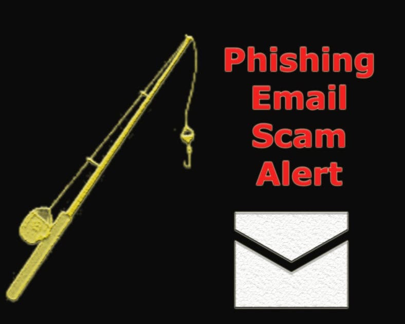 Phishing email scam alert banner. A black background with a yellow fishing poke with Red Phishing Email Scam alert text above a white envelope.