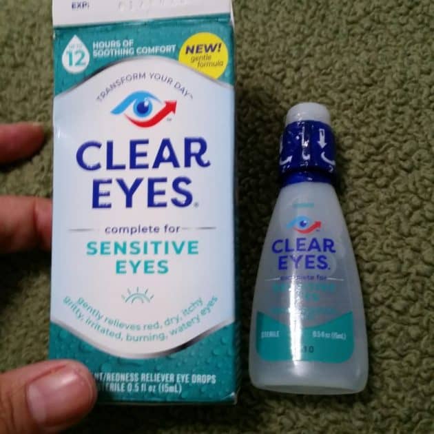 CLEAR EYES COMPLETE FOR SENSITIVE EYES DROPS box and bottle.