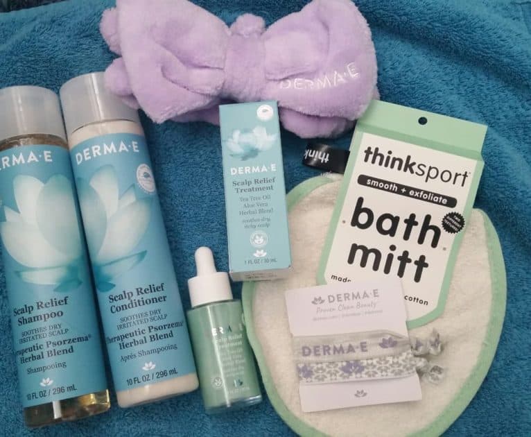 Derma-e Products: fleece headband, scalp relief shampoo and conditioner, Scalp Treatment and branded hair ties. One Think sport bath mitt.