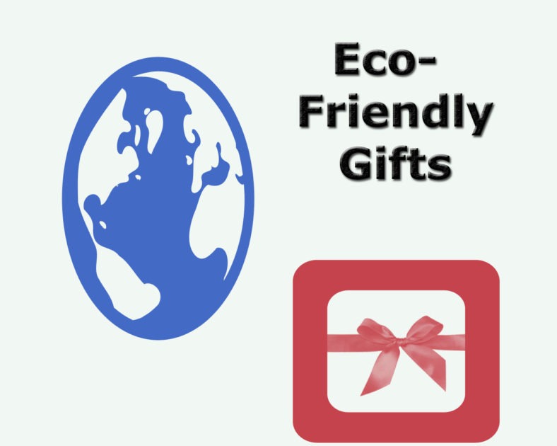 eco friendly gift banner. earth next to the text eco friendly gifts. with a gift box underneath itl