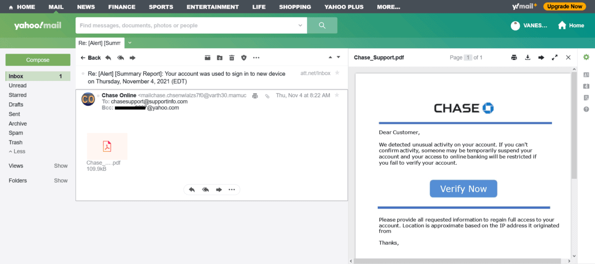 Chase scam email. Email includes a PDF link that opens to a message with a verify now box.