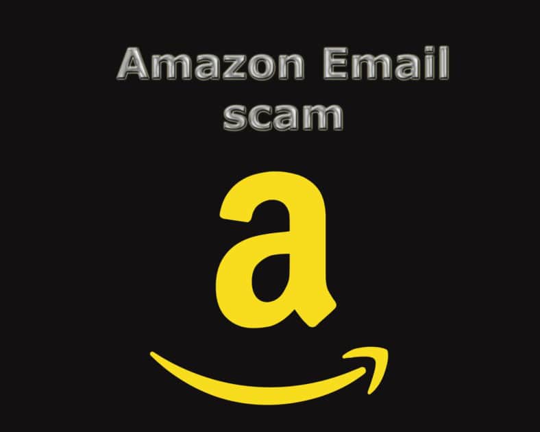 amazon email scam banner. Amazon email scam text in gray above a yellow Amazon icon.
