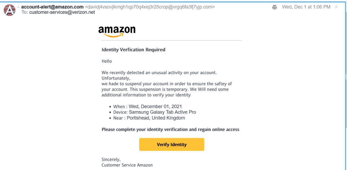 Amazon Scam email. 12-1-2021. text states the following ???????? ??????????? ???????? ????? ?? ???????? ???????? ?? ??????? ???????? ?? ???? ???????. ?????????????, ?? ???? ?? ??????? ???? ??????? ?? ????? ?? ?????? ??? ?????? ?? ???? ???????. ???? ?????????? ?? ?????????. ?? ???? ???? ???? ?????????? ??????????? ?? ?????? ???? ???????? ???? : Wed, December 01, 2021 ??????: Samsung Galaxy Tab Active Pro ???? : Portishead, United Kingdom ?????? ???????? ???? ???????? ???????????? ??? ?????? ?????? ?????? ?????? ???????? ?????????, ???????? ??????? ?͏?͏?͏?͏?͏?͏