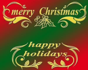 Merry christmas Happy holidays banner.Yellow text on a red and green background.