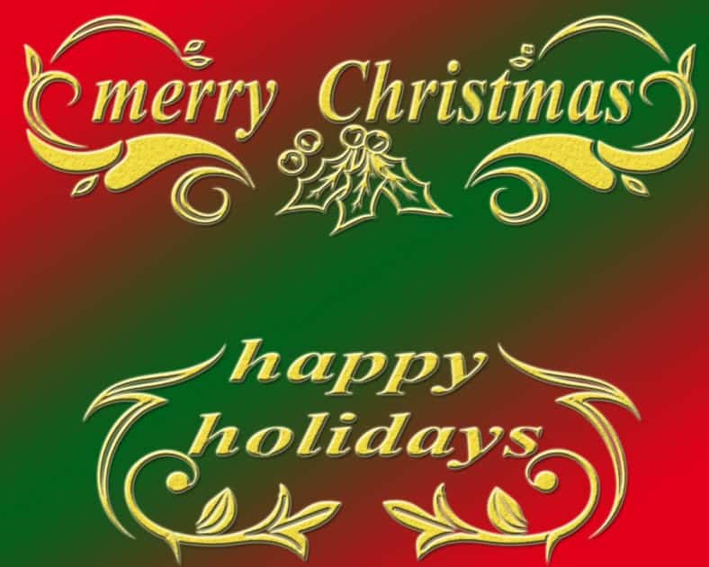 Merry christmas Happy holidays banner.Yellow text on a red and green background.