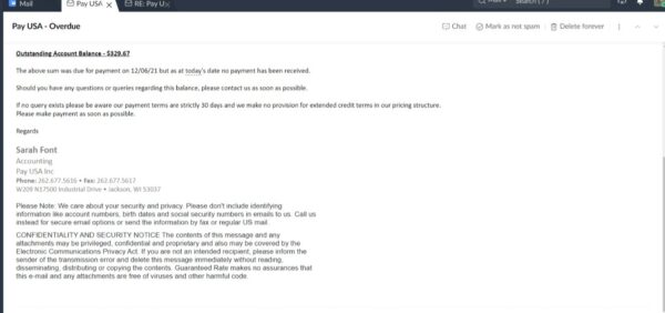 Pay USA scam email. The email states I owed $329.67 for back payroll services.