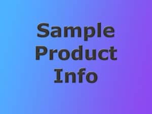 Sample product info banner. Blue and purple graduated background with blackish gray text reading Sample product info.