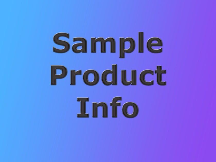 Sample product info banner. Blue and purple graduated background with blackish gray text reading Sample product info.
