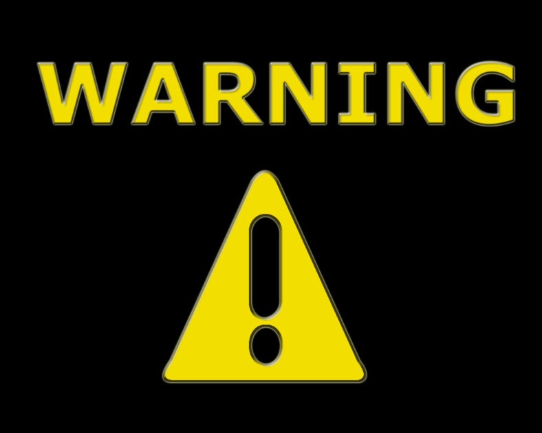 WARNING YELLOW. YELLOW WARNING LETTERS WITH A YELLOW TRIANGLE WITH EXCLIMATION POINT ICON UNDERNEITH IT.