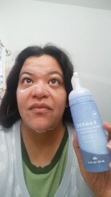 Derma-E Hydrating Facial Alkaline Cloud Cleanser foam applied to my face.