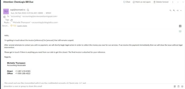 Payroll email stating a bill is past due but no other service info is given.