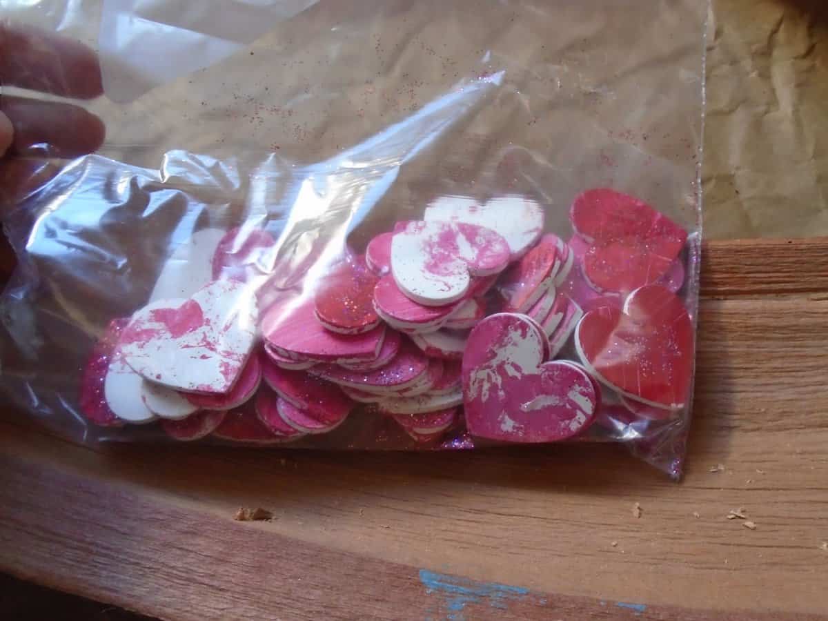 pre-painted hearts in a bag.