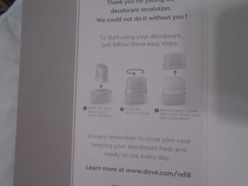 Dove refillable deodorant directions. a diagram showing you how to insert the gel deodorant into the base.