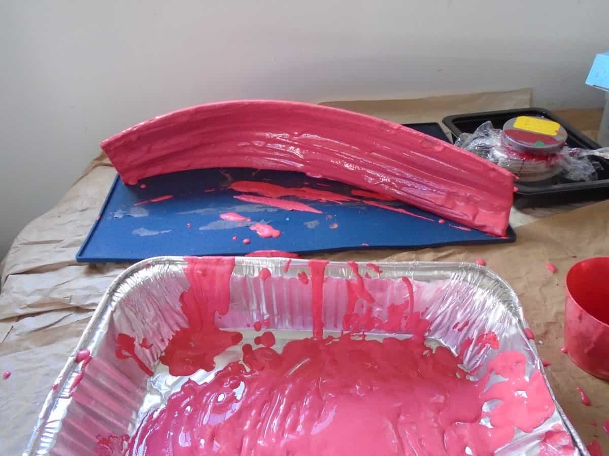 Palm bark after pouring paint. Pink shade.