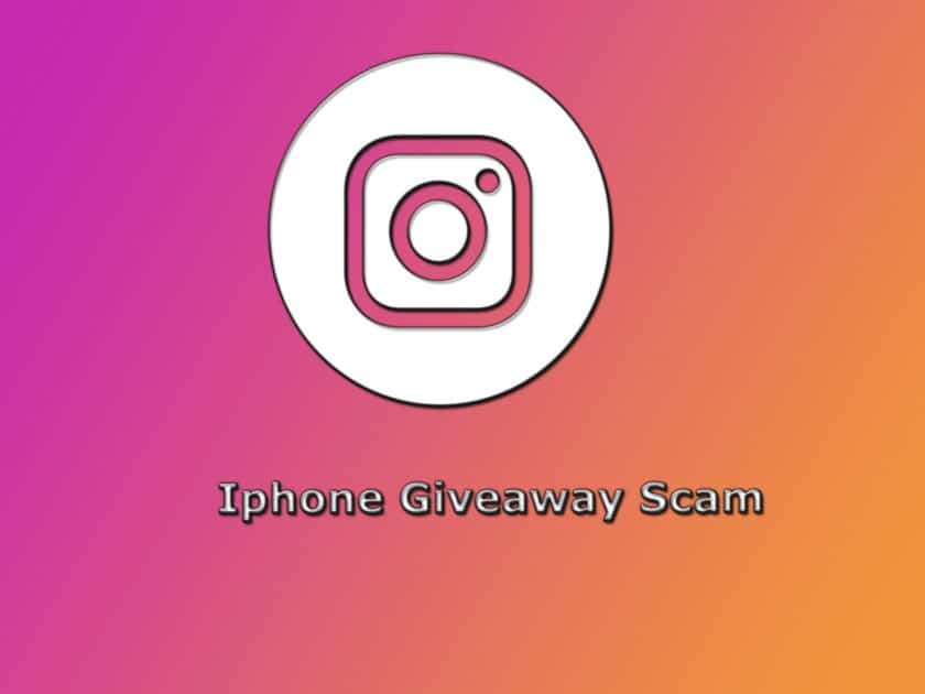 Instagram Iphone giveaway scam banner. White Instagram icon with white Iphone giveaway scam banner. The background is pink and orange.