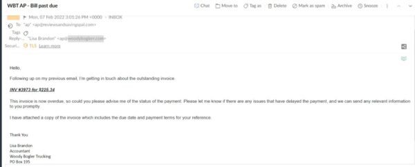 WBT AP email stating a bill is past due for a service that is not stated.