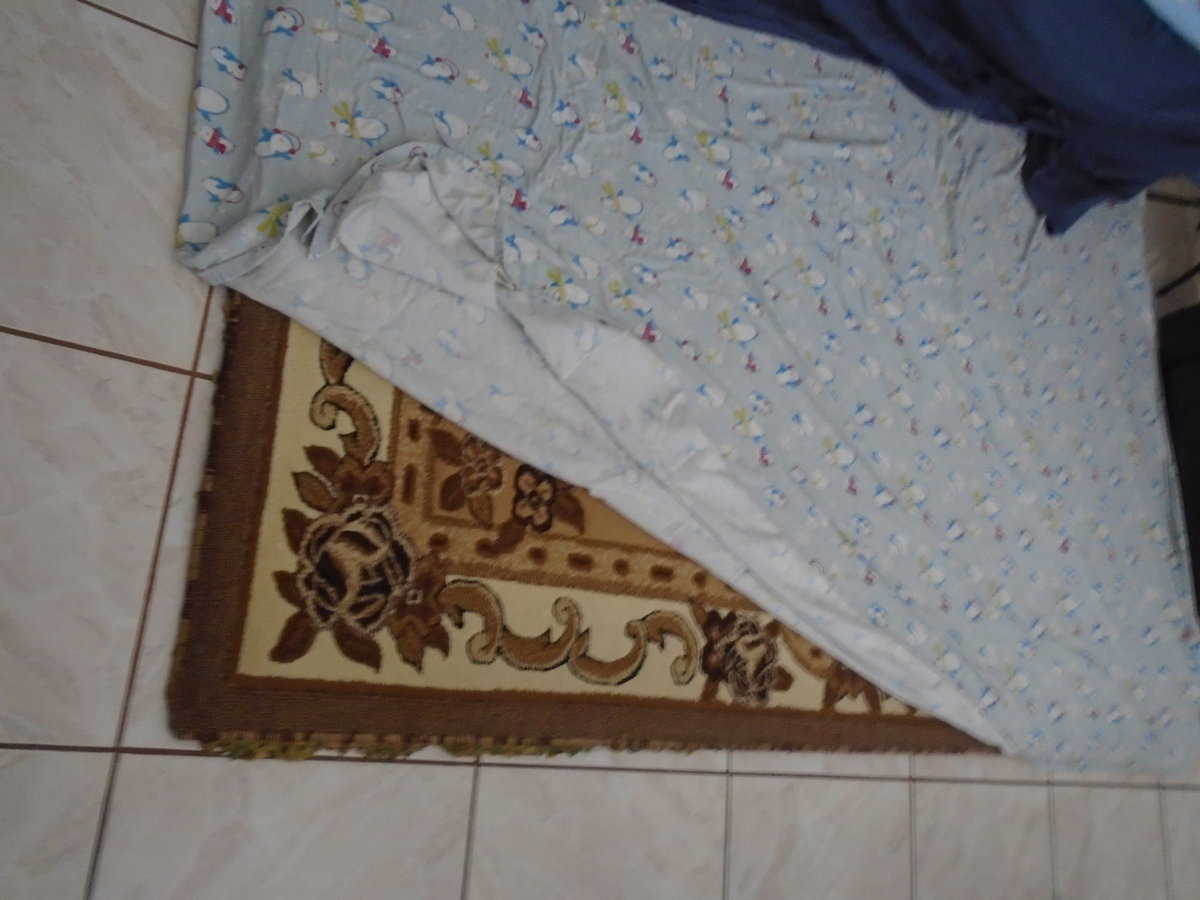 sheet covering an area rug. corner of sheet pulled back to show rug. A light blue flannel sheet with penguins on it.