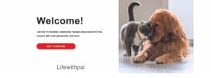 Furbuddies community home page screen shot. a welcome message followed by a get stared button along with a photo of a gray and white cat nuzzling a golden retrever.