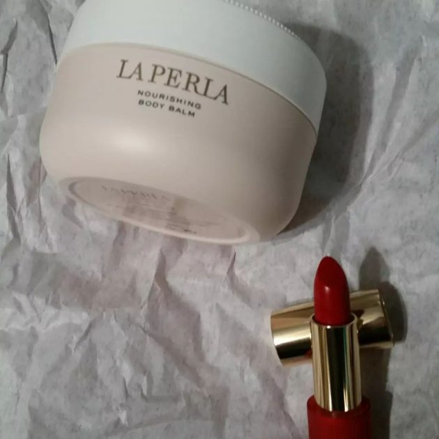 La Perla Products. Nourishing body balm and Venetian red 106 lipstick.