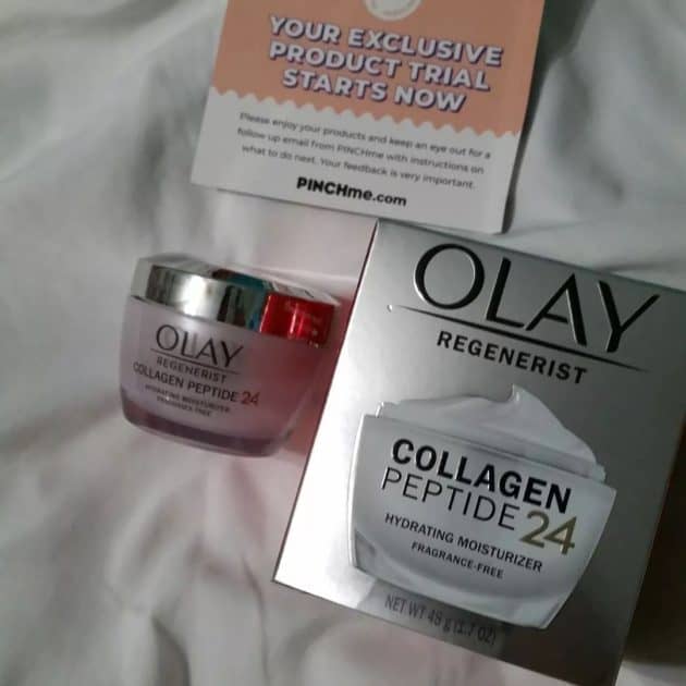 Olay regenerist collagen peptide 24 hydrating moisturizer box with jar. Also has pinchme.com info card