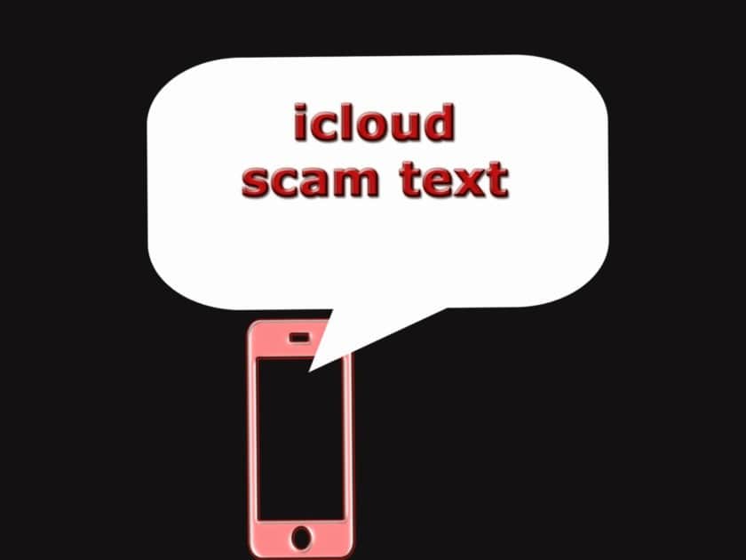 icloud text scam banner. a smartphone icon light red with a text bubble reading icloud test scam in red text.