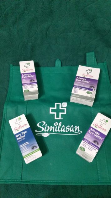 Similasan tote bag with eye drop products. allergy relief products and dry eye relief products.