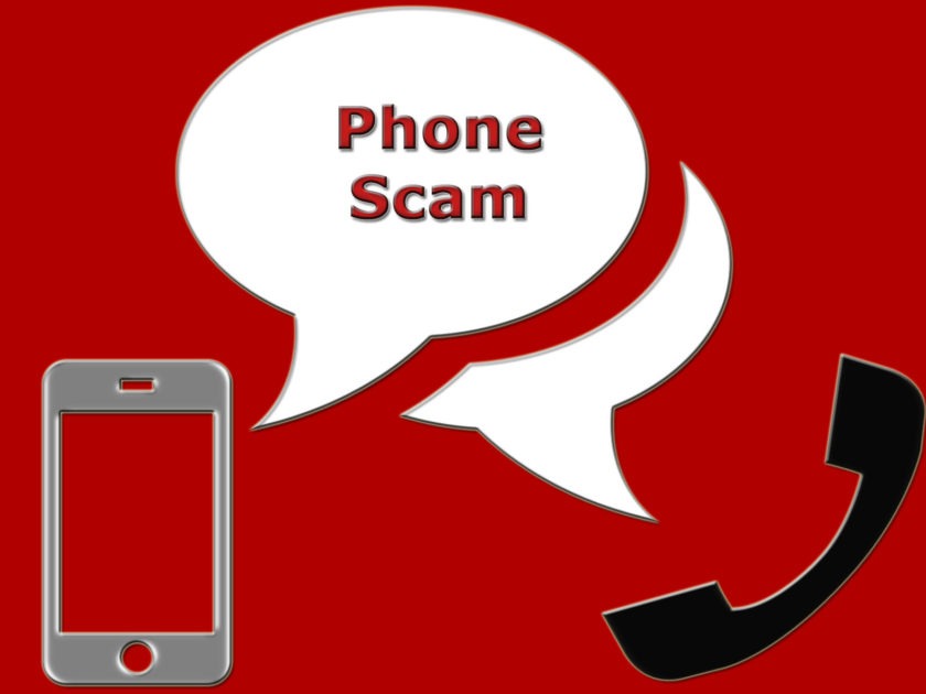 phone scam banner. Red background with gray cellphone and black head set. With white text bubble with Phone scam in red font inside of it.
