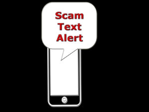 Scam Text Alert banner. black background with smartphone icon that displays a Scam text alert text bubble. Created by V using Photoshop CS4.