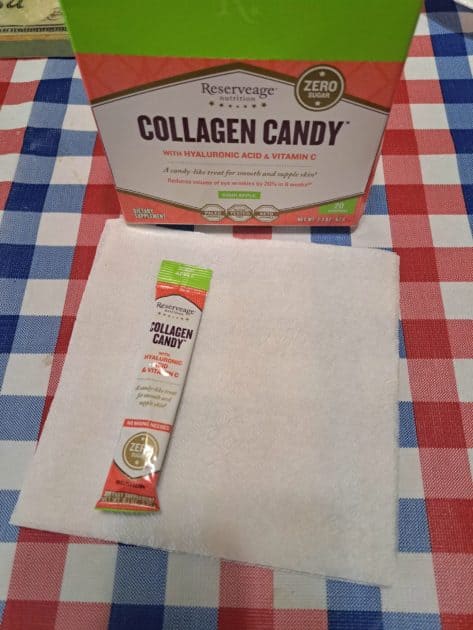 Rseerveage nutrition collagen candy box with packet on a napkin.
