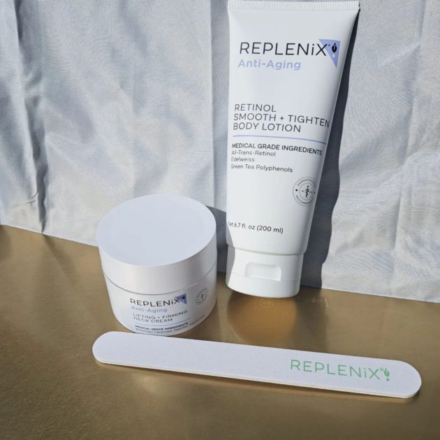 Replenix products. Lifting and firming cream, Retinol smooth + tightening body lotion and a branded nail file.