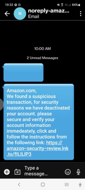 Amazon phishing text message.