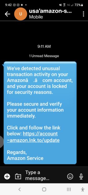 screenshot of amazon phishing scam text 7/16/2022.