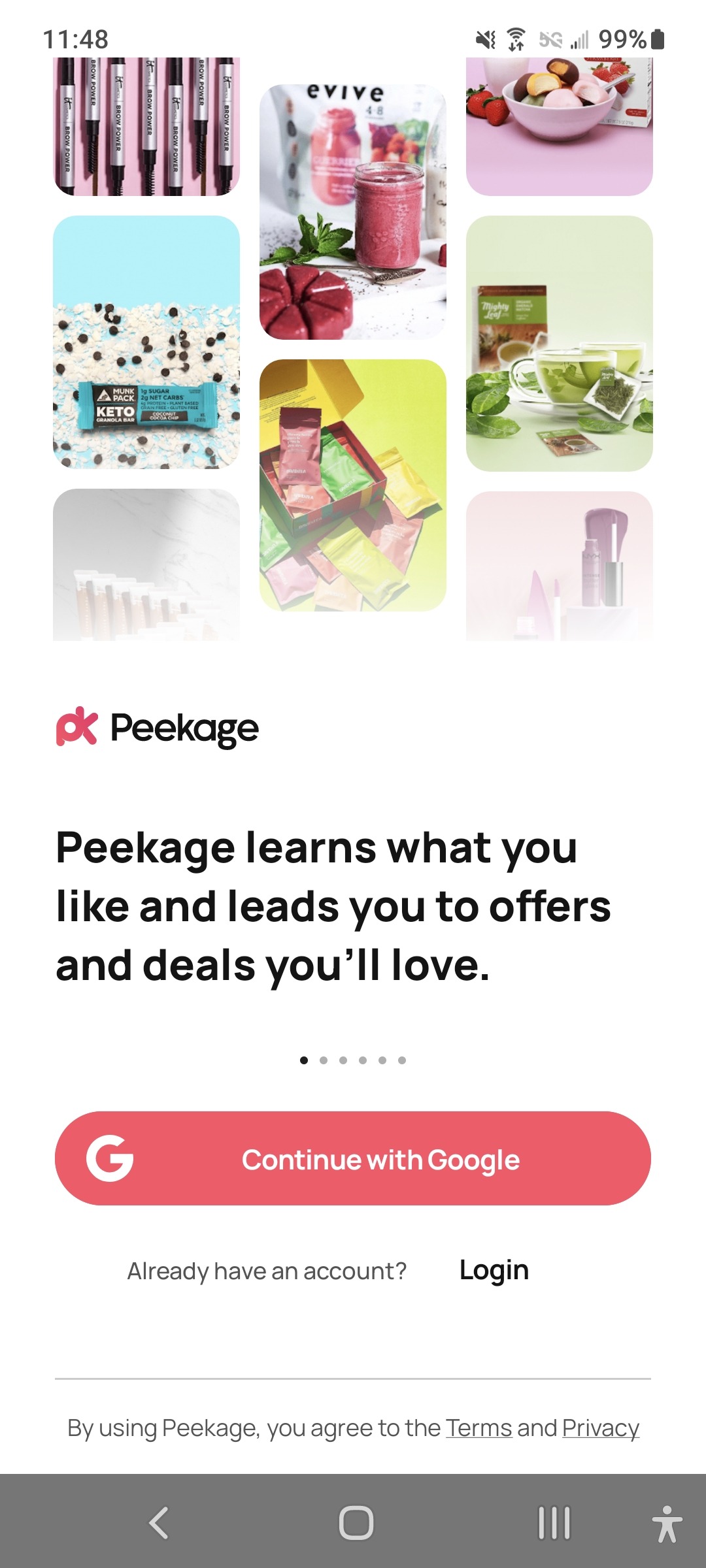 Peekage (android) app home login screenshot.