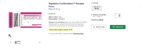 Signature Confirmation Receipt form info page. Source USPS dot com.