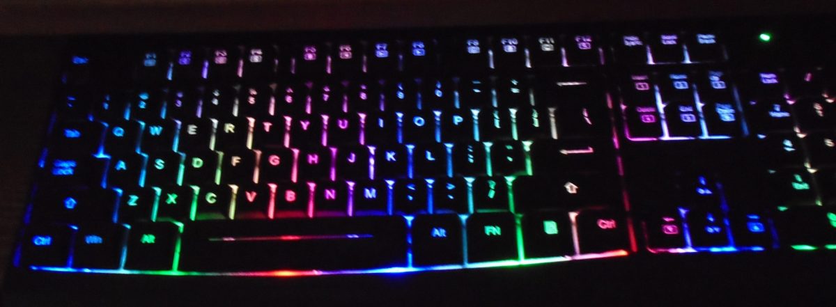 backlit keyboard photo. rainbow colored keys.