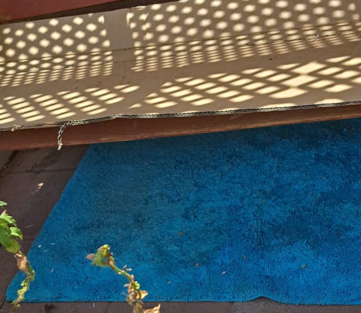 blue bath mat under bench.