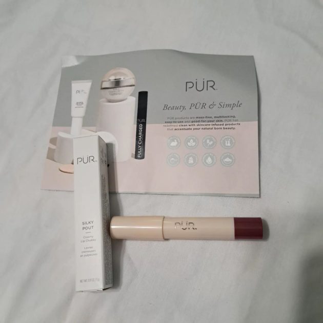 pur cosmetics silky pout lipstick chubby with box and info card.