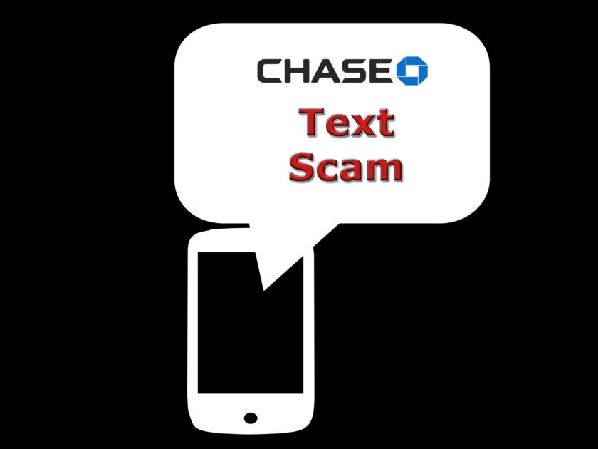 chase text scam banner. chase logo with red text scam under it. a smart phone icon in it below the text bubble both in white.