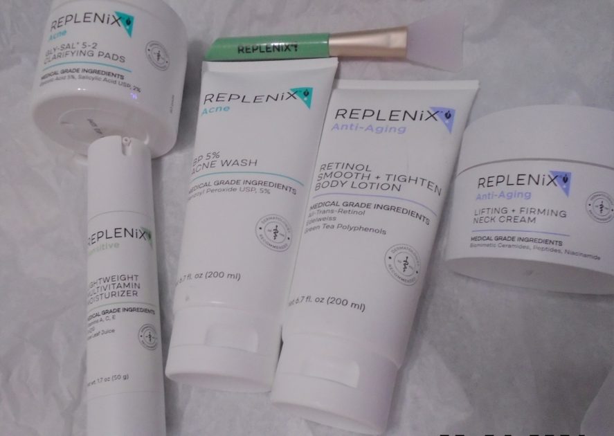 replenix products. skincare and face care products with a silicone mask brush.