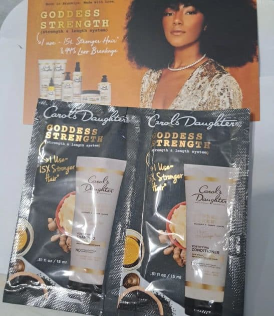 carol's daughter's goddess strength shampoo and conditioner samples with info card.