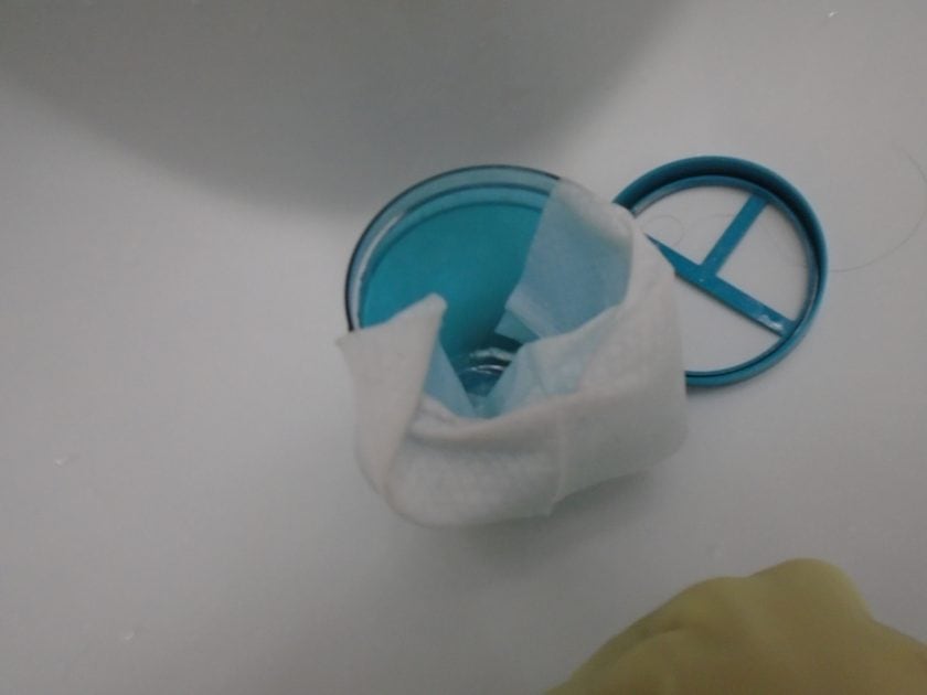 Clorox disinfecting wipe inside of toothbrush cup.